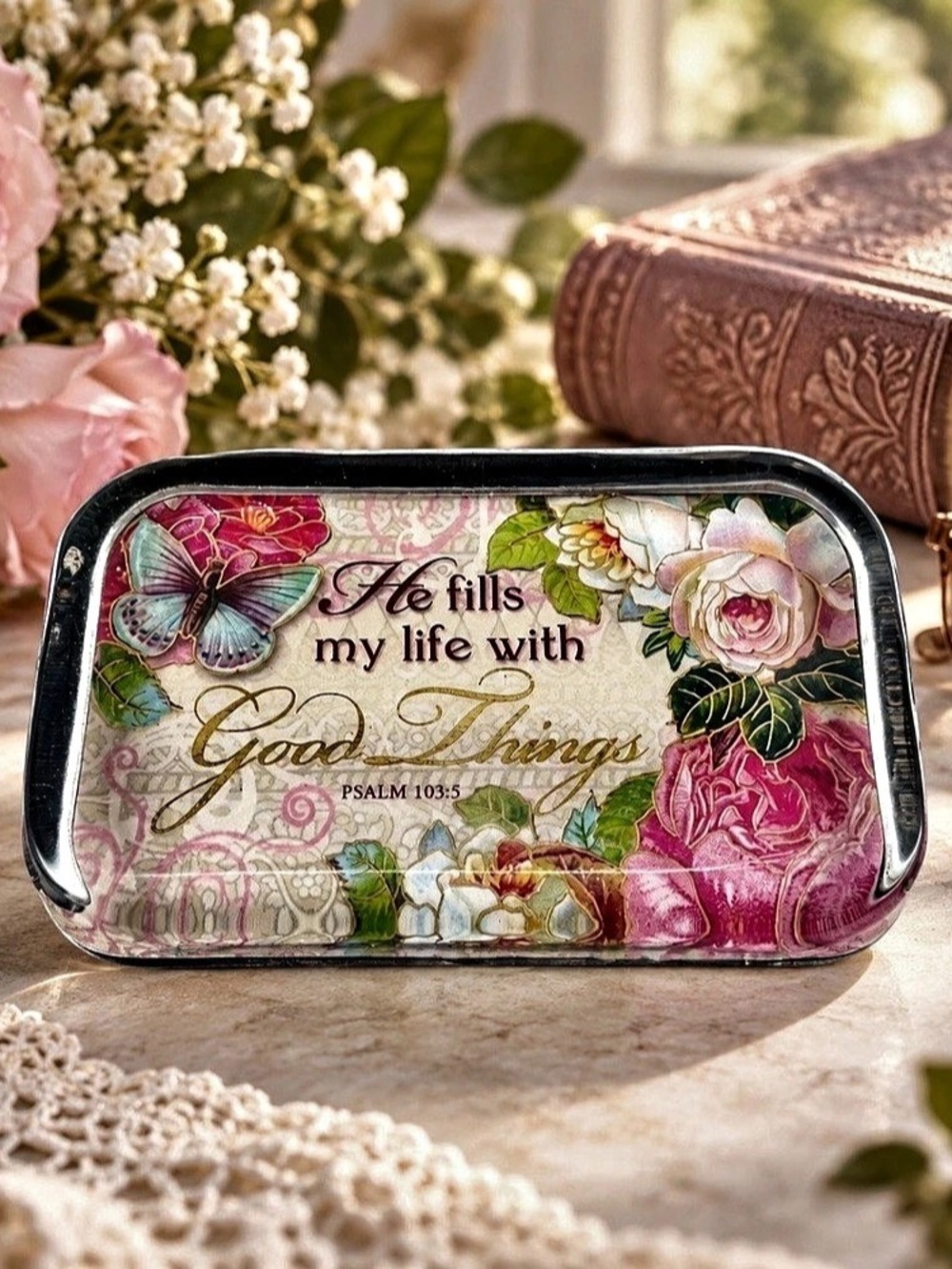 Vintage Psalm 103:5 Glass Paperweight Floral Butterfly Christian Decor